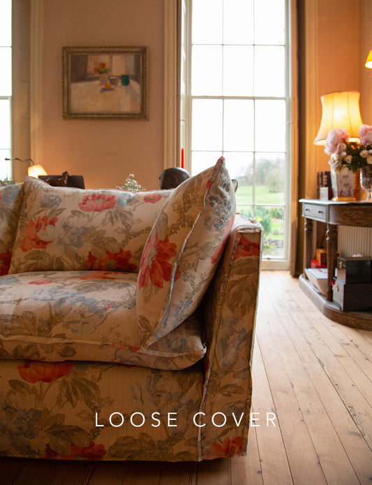 Coco 3 seater sofa cover with Self Piped Knife Edge cushion in Andrew Martin Peony Summer Sky