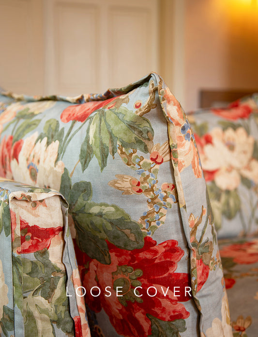 Coco 3 seater sofa cover with Self Piped Knife Edge cushion in Andrew Martin Peony Summer Sky