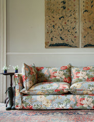 Coco 3 seater sofa cover with Self Piped Knife Edge cushion in Andrew Martin Peony Summer Sky