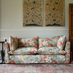 Coco 3 seater sofa with Self Piped Knife Edge cushion in Peony Summer Sky - Made to order