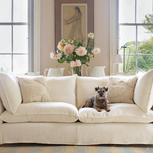 Coco 2 seater sofa with Self Piped Knife Edge cushion in Designers Guild Brera Lino Chalk - Made to order