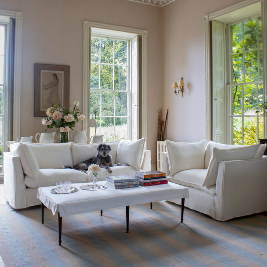 Coco Small Coffee Table Self Piped in Cotton Linen White Camellia - Made to Order