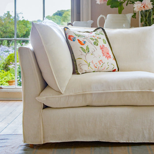 Coco 2 seater sofa with Self Piped Knife Edge cushion in Designers Guild Brera Lino Chalk - Made to order