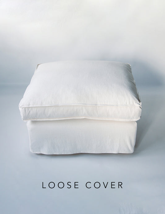 Coco Footstool cover with Self Piped Box Edge cushion in Cotton Linen White Camellia