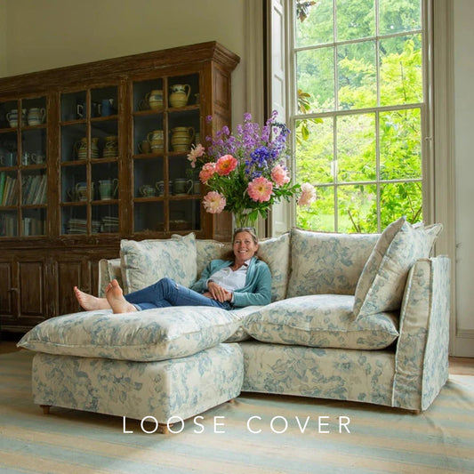 Coco Footstool with Self Piped Knife Edge cushion in Andrew Martin Midsummer Faded Blue - Cover Only