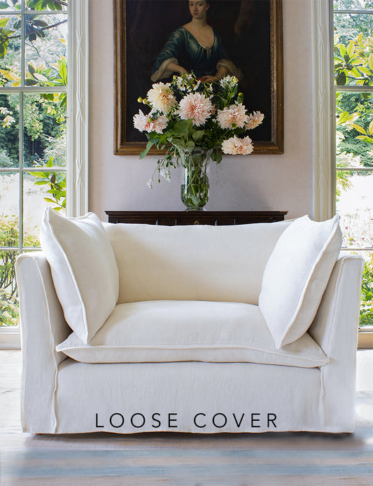 Coco Loveseat sofa cover with Self Piped Knife Edge cushion in Designers Guild Brera Lino Chalk