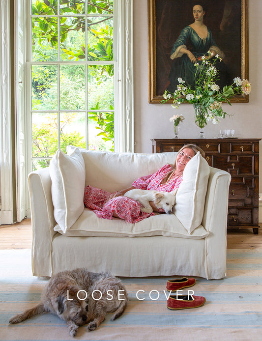 Coco Loveseat sofa cover with Self Piped Knife Edge cushion in Designers Guild Brera Lino Chalk