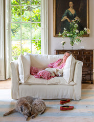 Coco Loveseat with Self Piped Knife Edge cushion in Designers Guild Brera Lino Chalk - Made to order