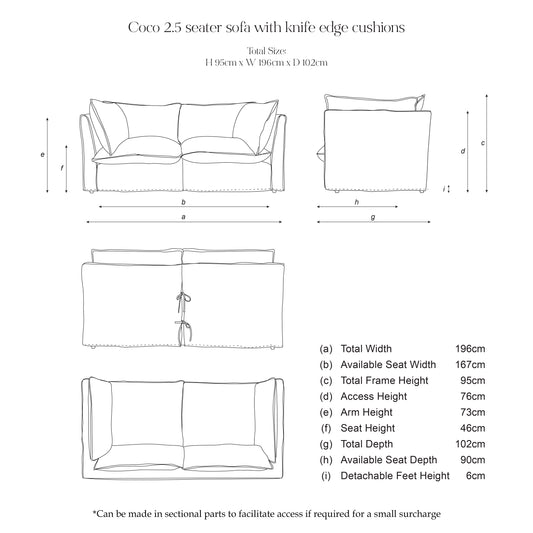 Coco 2.5 seater sofa with Self Piped Knife Edge cushion in Andrew Martin Midsummer Faded Blue - Made to Order