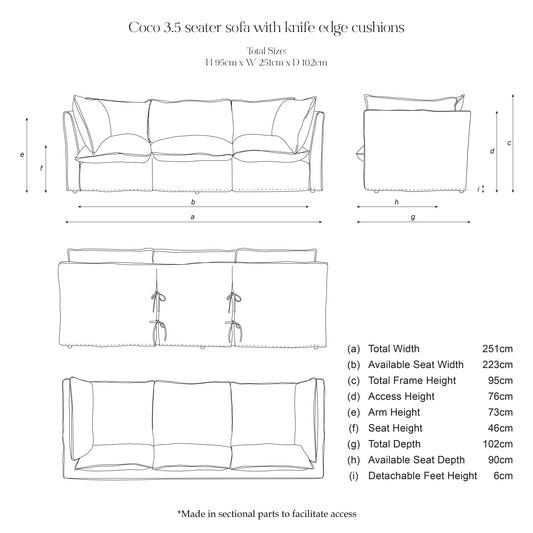 Coco 3.5 seater sofa with Knife Edge cushion in Miji Juniper with Velvet Trim - Available Now