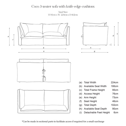 Coco 3 seater sofa with Self Piped Knife Edge cushion in Cotton Linen Snow Drop - Available for Quick Ship