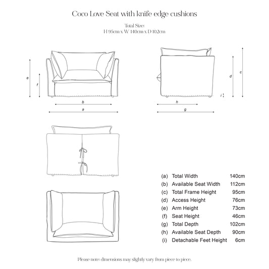 Coco Loveseat with Self Piped Knife Edge cushion in Cotton Linen Cool Coconut - Made to Order