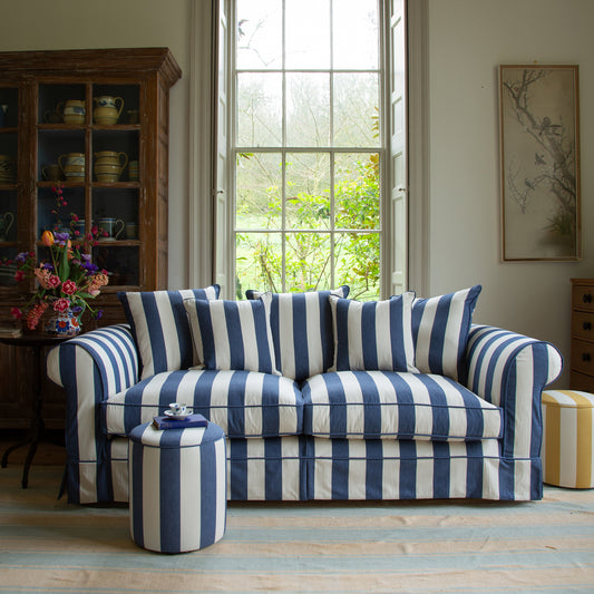 Drum Footstool in Stripes Sea Holly - Made to Order