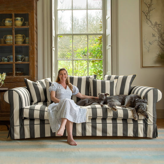 Salthrop Large Sofa with Self Piped Knife Edge cushion in Stripes Black and White - Available for Quick Ship