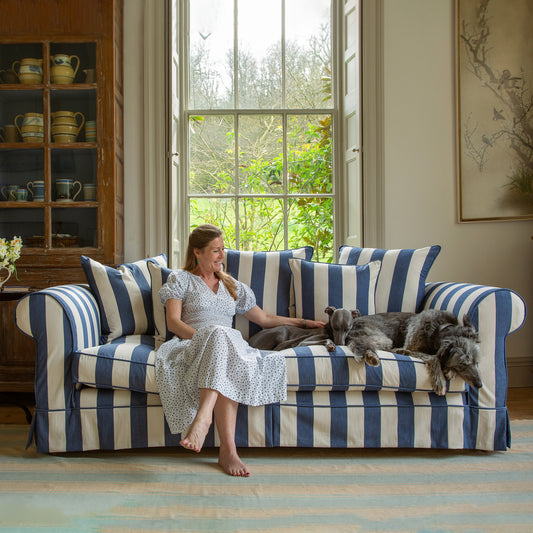 Salthrop Large Sofa with Self Piped Knife Edge cushion in Stripes Sea Holly - Available for Quick Ship