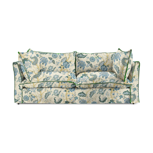 Coco 2.5 seater sofa with Knife Edge cushion in Kitty Blue Green with Parakeet Velvet Trim - Made to Order