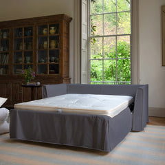 Coco 2.5 seater sofa bed with Self Piped Knife Edge cushion in Cotton Linen Thistle - Made to Order