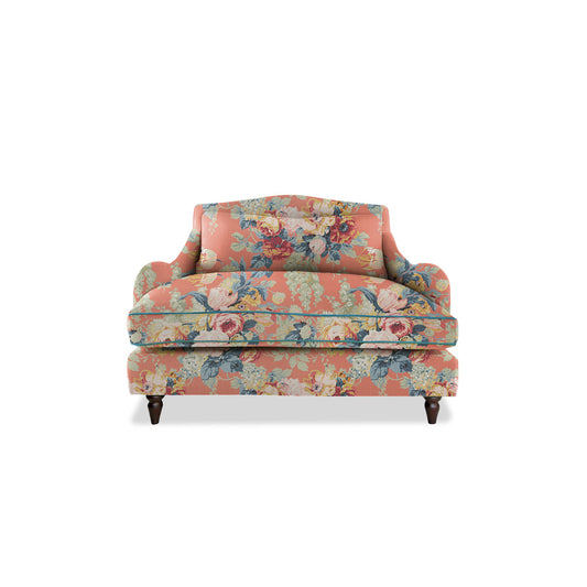 Felix Loveseat in Natural Linen Albertine Coral Orange with Velvet Trim