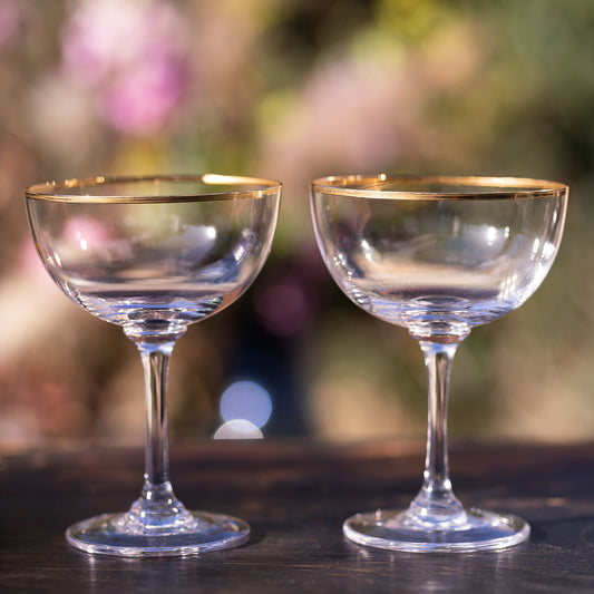 Six Champagne Saucers with Gold Rims by Vintage List