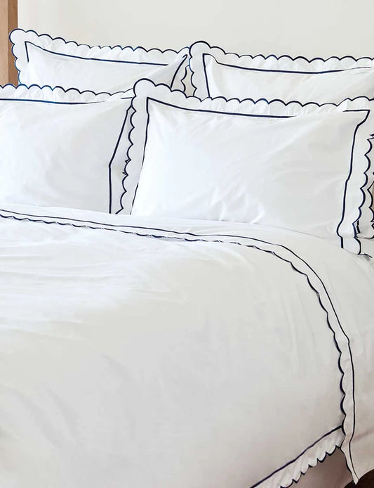 Navy Scalloped King Size Duvet Cover & 2 Oxford Pillowcases Set