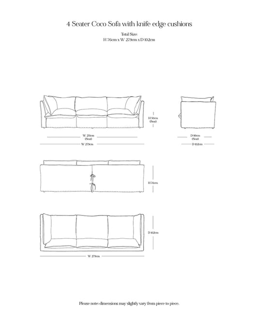 Coco 4 seater sofa with Self Piped Knife Edge cushion in Customers Own Material (excl. Fabric) - Made to Order